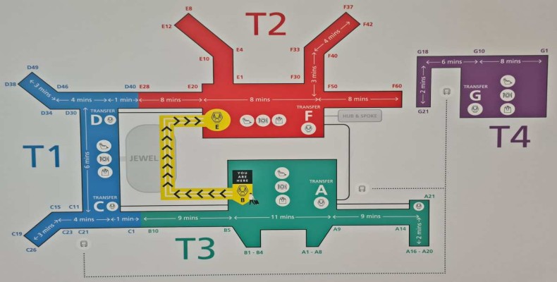 نقشه ترمینال‌های فرودگاه چانگی سنگاپور شامل T1، T2، T3 و T4
